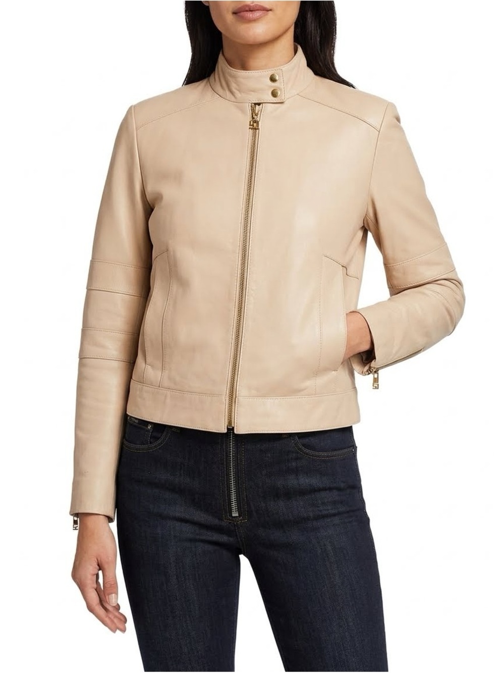 St. John Sport by Marie Gray Cream-Tan Leather Zip Jacket